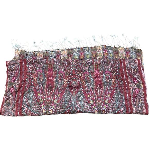 Vintage Paisley Fringe Scarf Red Gray Boho Chic Lightweight Wrap Shawl - Picture 1 of 5